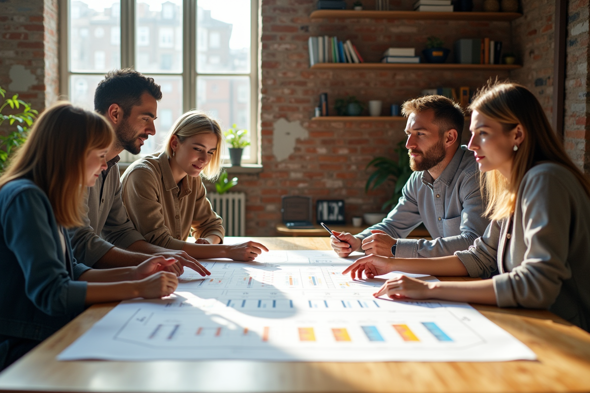 Groupe diversifié discutant autour d un BMC dans un espace de coworking