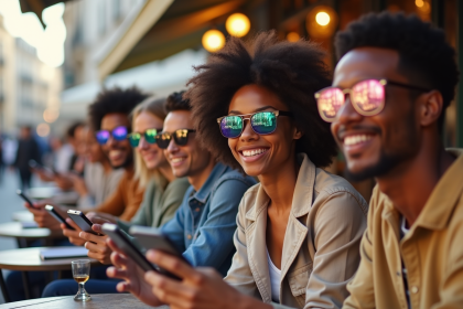 Jeunes adultes au café à Paris avec logos réseaux sociaux dans leurs lunettes