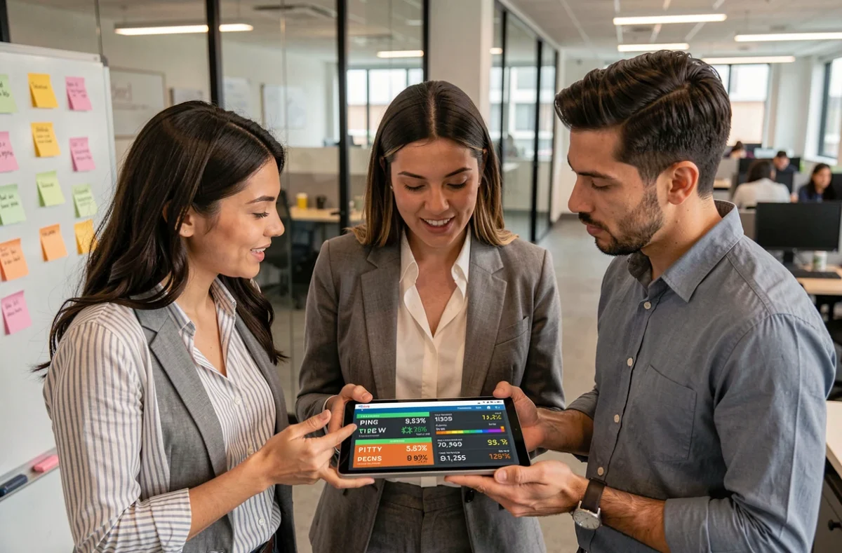 Groupe de trois professionnels discutant de statistiques de classement par ping sur une tablette dans un bureau de startup moderne