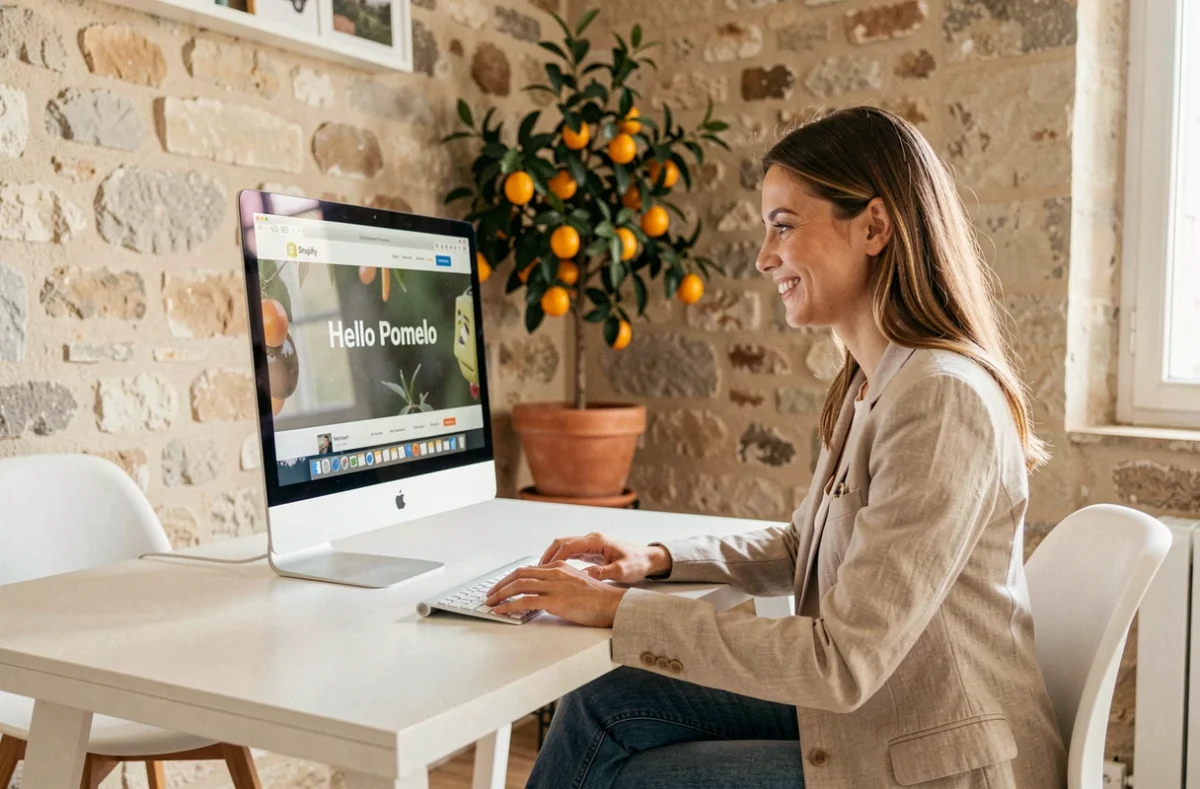Consultante de l'agence Hello Pomelo à Marseille travaillant sur un projet Shopify dans un studio créatif méditerranéen
