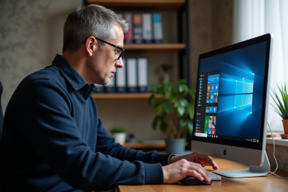 Homme d'âge moyen travaillant sur Windows 7 dans un bureau