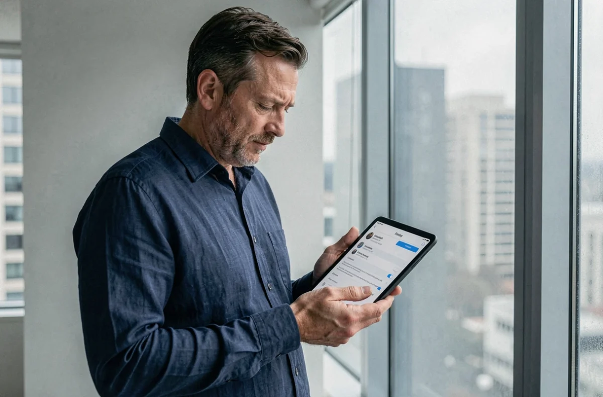 Homme lisant les paramètres de confidentialité d'une application de stories sur une tablette numérique