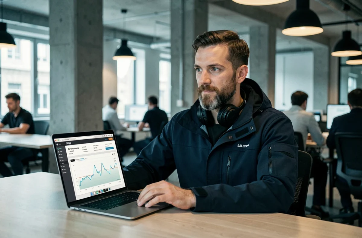 Homme barbu travaillant sur une interface de classement de performances web dans un espace de coworking contemporain