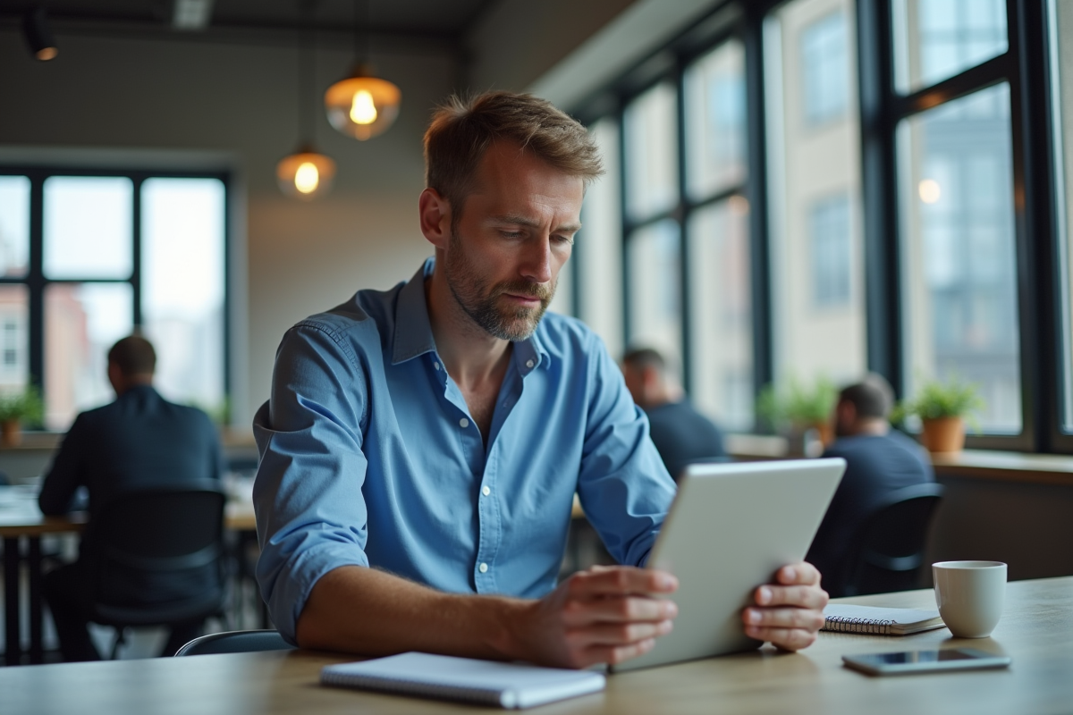 Homme concentré sur sa tablette dans un espace de coworking