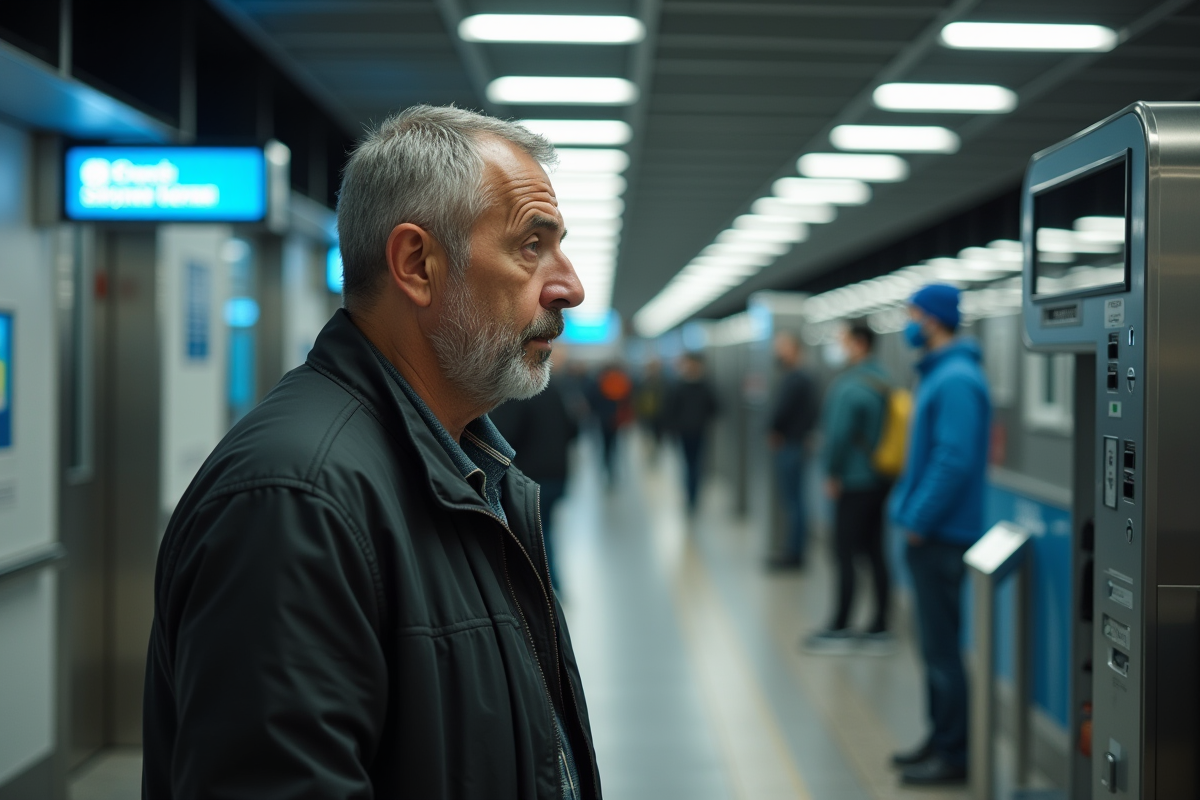 Homme d âge moyen scannant son visage à un terminal biométrique
