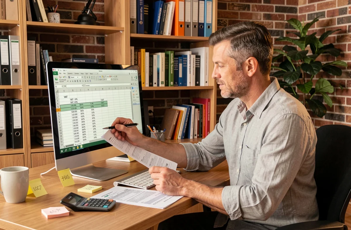 Homme en home office consultant un tableur Excel avec formules de soustraction pour calculer la TVA sur des prix commerciaux