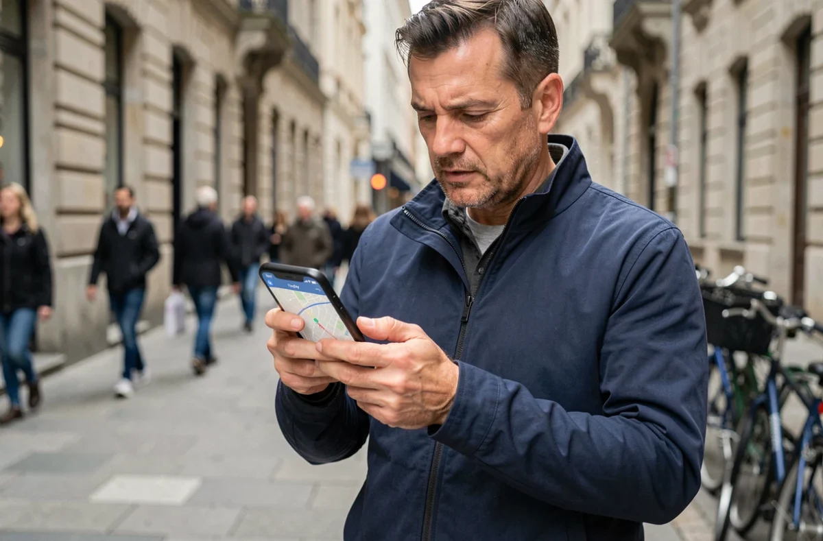 Homme consultant l'application Localiser d'iCloud sur iPhone dans une rue de ville