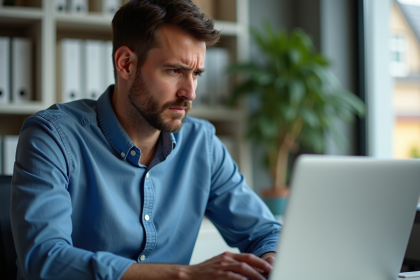 Homme inquiet regardant son ordinateur dans un bureau à domicile