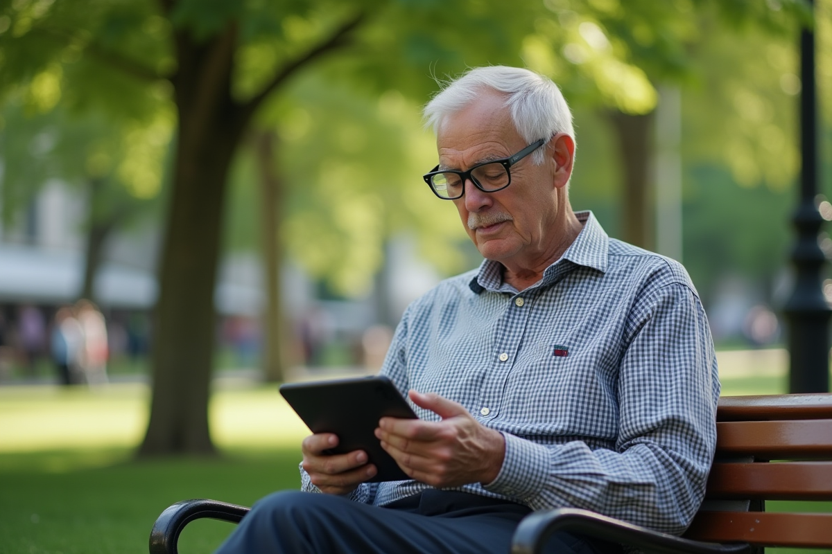 Homme âgé lisant une tablette sur un banc de parc