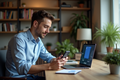 Jeune homme regardant son smartphone avec une app bancaire