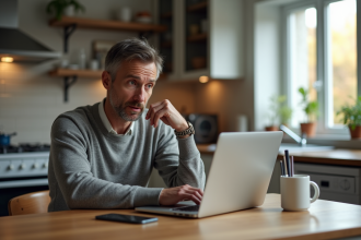 Homme d'âge moyen utilisant son ordinateur dans la cuisine