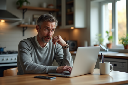 Homme d'âge moyen utilisant son ordinateur dans la cuisine