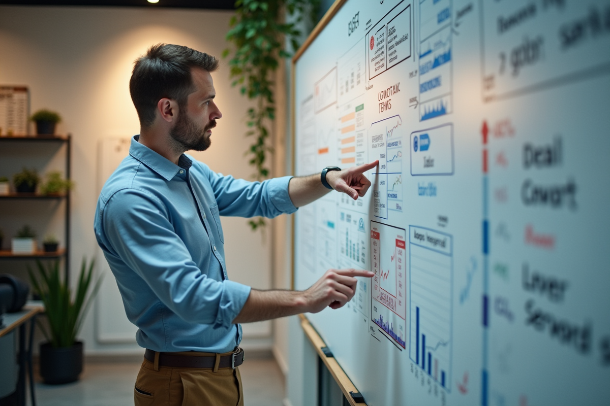 Homme présentant des données sur un tableau blanc