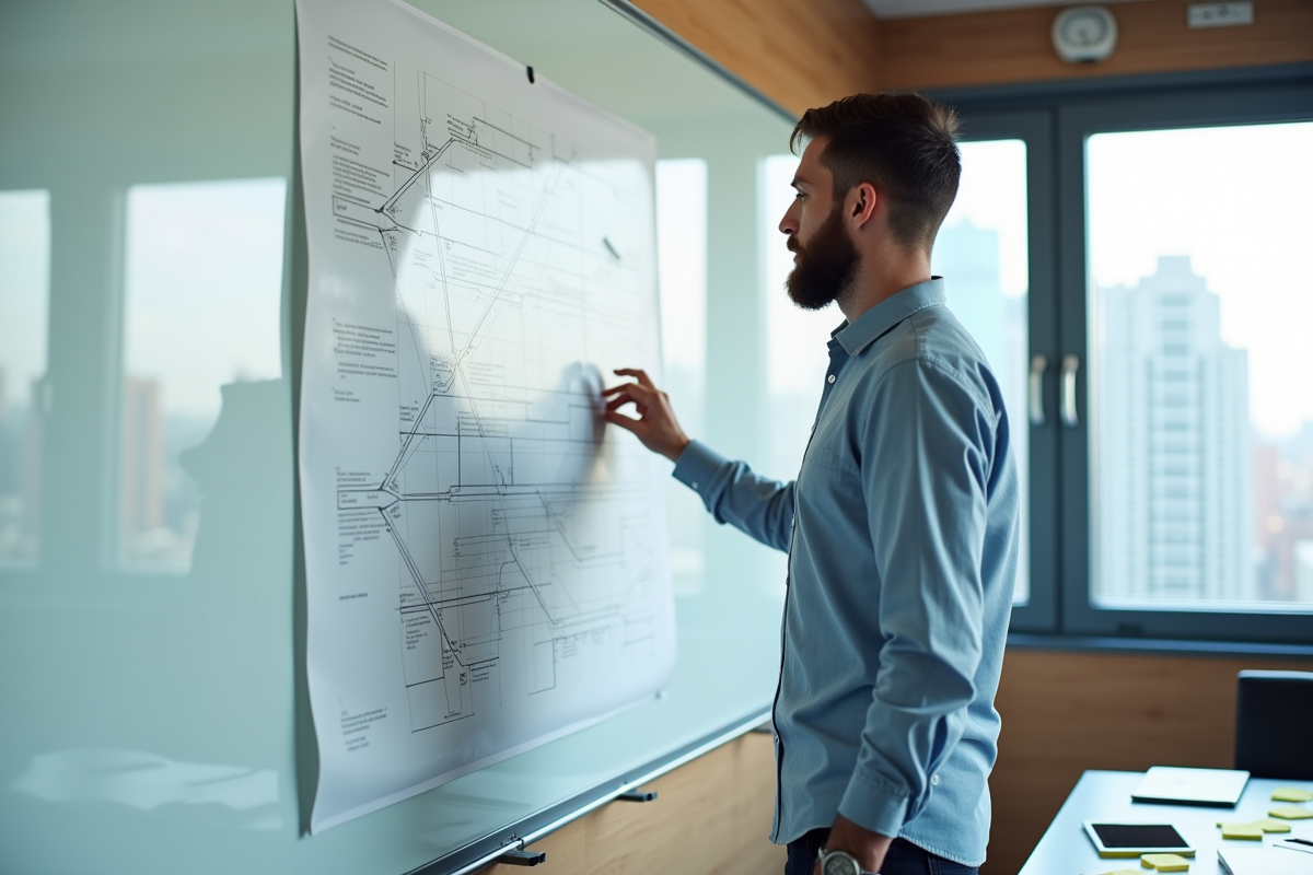 Homme analysant une carte de site pour une strategie seo