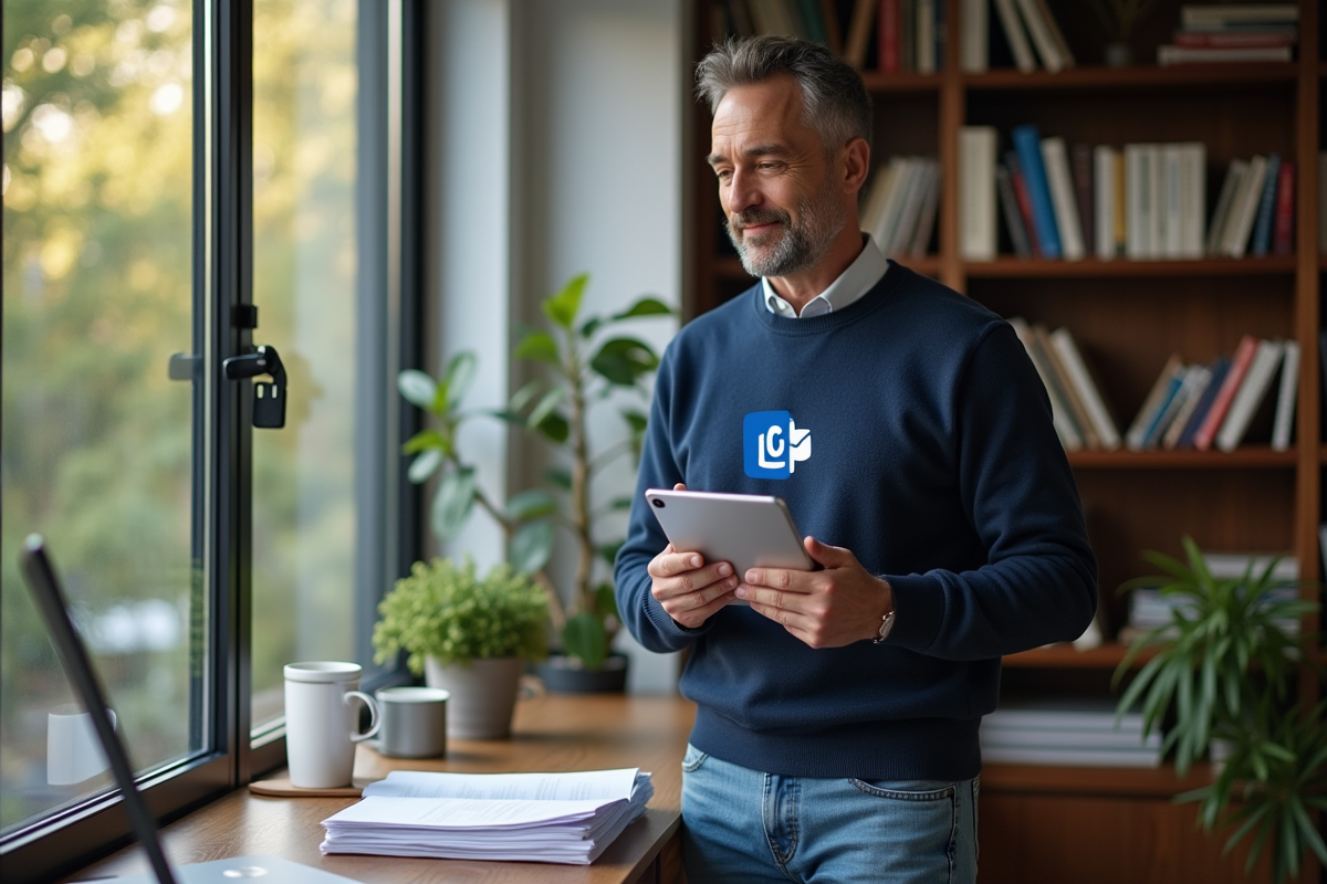 Homme détendu avec tablette Outlook dans son bureau