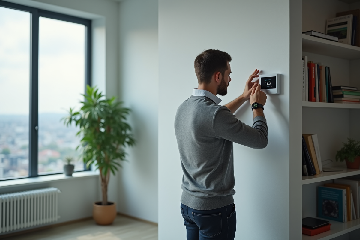 Homme ajustant thermostat intelligent dans bureau moderne
