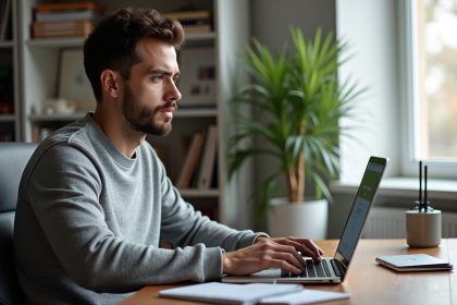 Homme concentré travaillant sur son ordinateur dans un home office