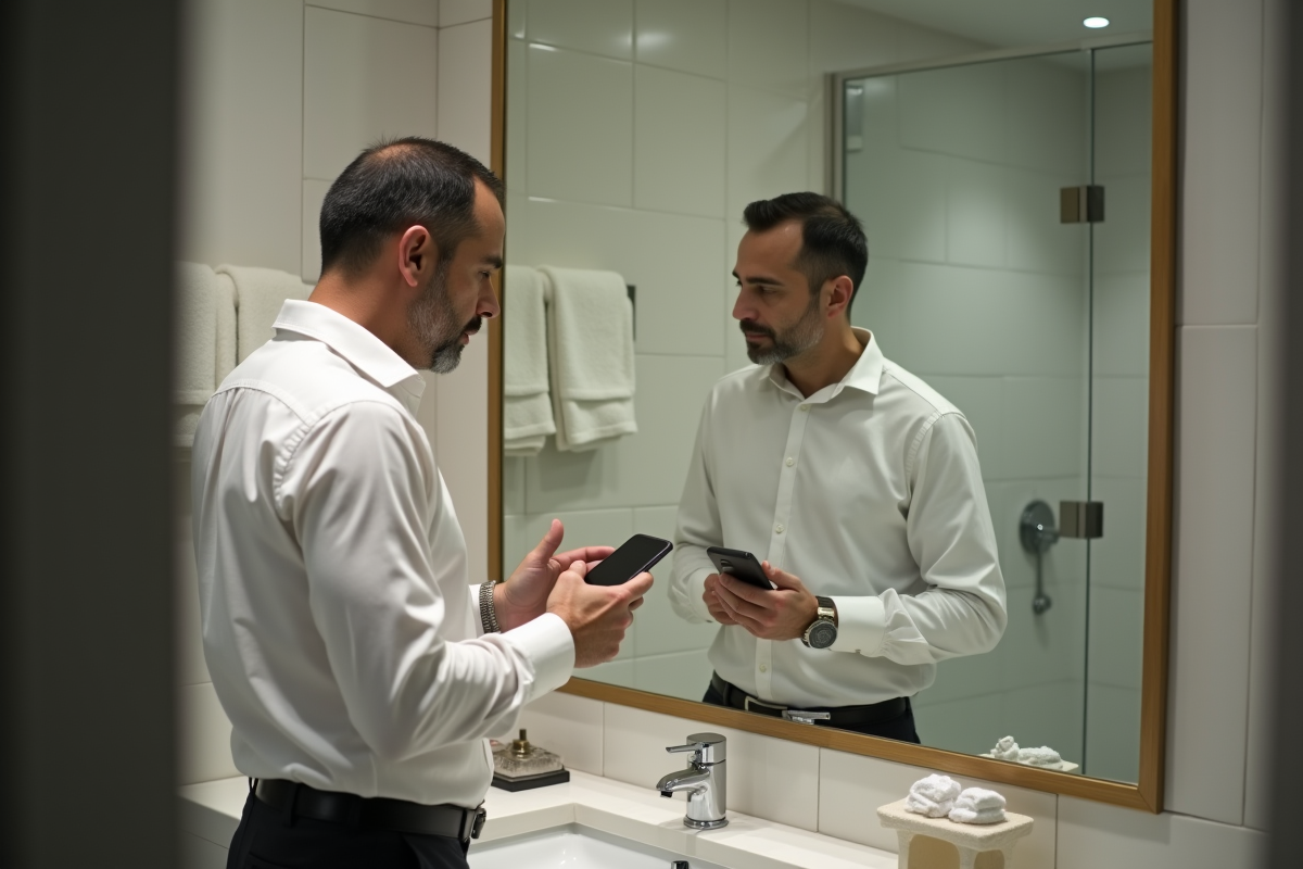 Homme vérifiant un miroir de salle de bain pour des caméras cachées