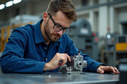 Jeune ingénieur en bleu examine un actionneur électrique