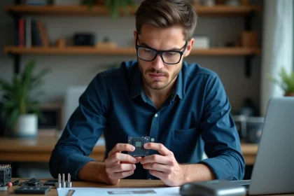 Jeune ingénieur électronique examinant un capteur d'appareil photo