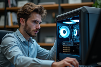 Jeune ingenieur examine un ordinateur haut de gamme
