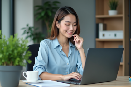 Jeune femme au bureau souriante et concentrée sur son ordinateur