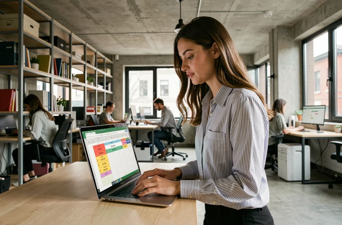 Jeune femme debout dans un espace de coworking utilisant Excel pour calculer des prix avec soustraction et TVA sur ordinateur portable