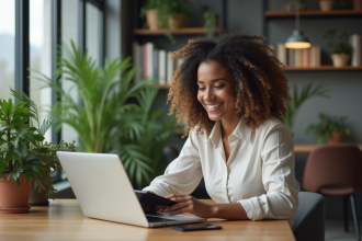 Jeune femme souriante travaillant sur un site web dans un espace coworking