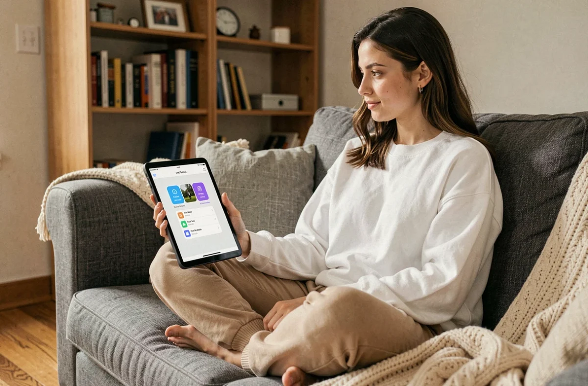 Jeune femme utilisant iCloud sur iPad pour localiser ses appareils Apple depuis son salon
