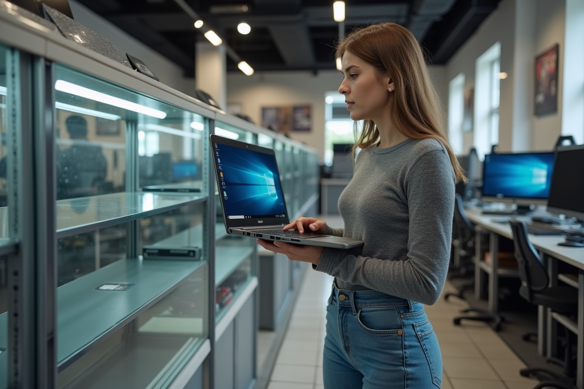 Jeune femme expliquant Windows 7 dans un atelier informatique