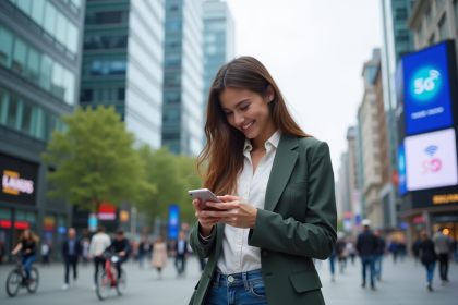 Jeune femme souriante utilisant son smartphone en ville