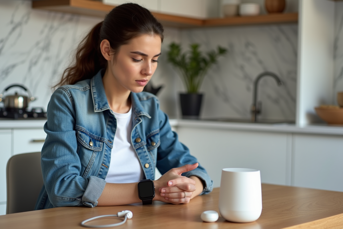 Jeune femme vérifiant notifications sur smartwatch dans cuisine moderne