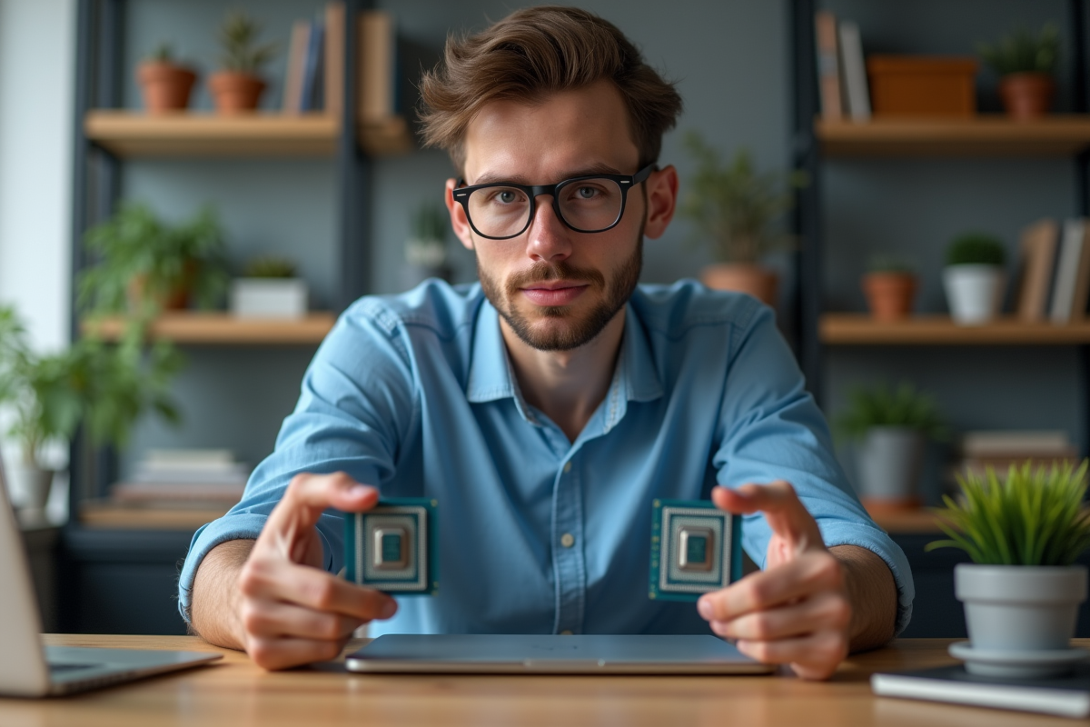 Jeune homme compare deux processeurs dans un bureau moderne