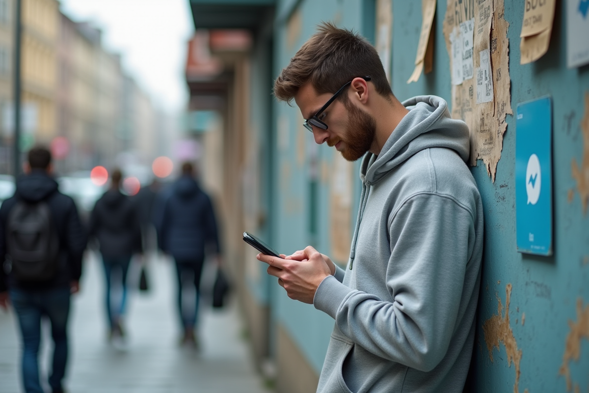 Jeune homme dans la rue regardant son téléphone Messenger