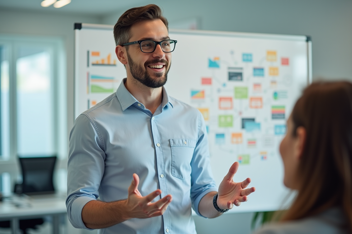 Jeune homme expliquant une strategie marketing devant un tableau blanc