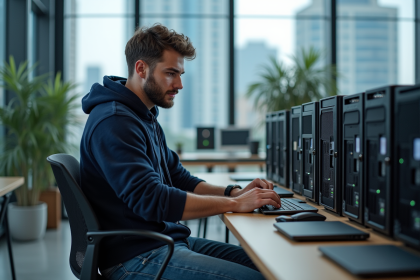 Jeune homme en hoodie configure des appareils edge