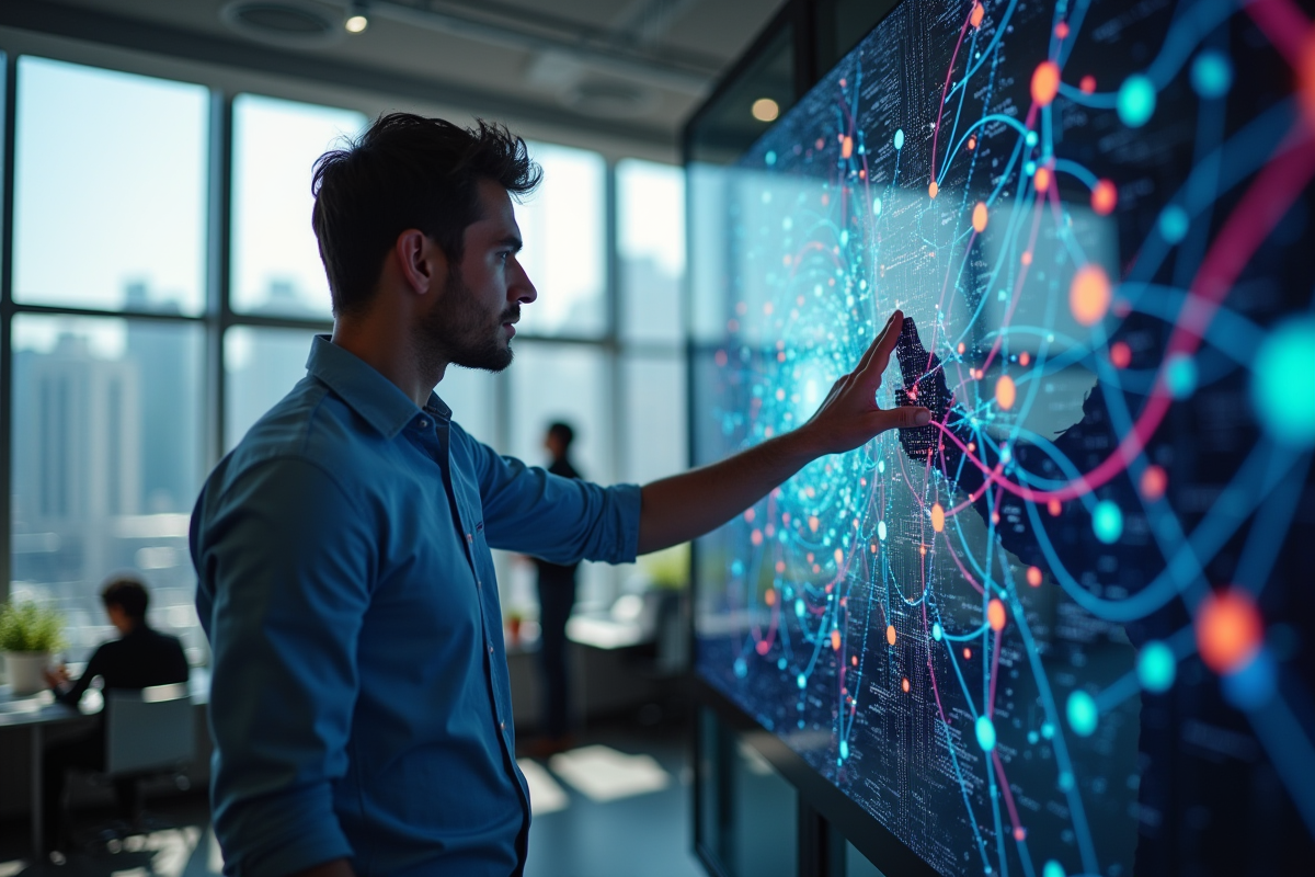 Ingénieur interactant avec un écran tactile affichant des diagrammes neuronaux