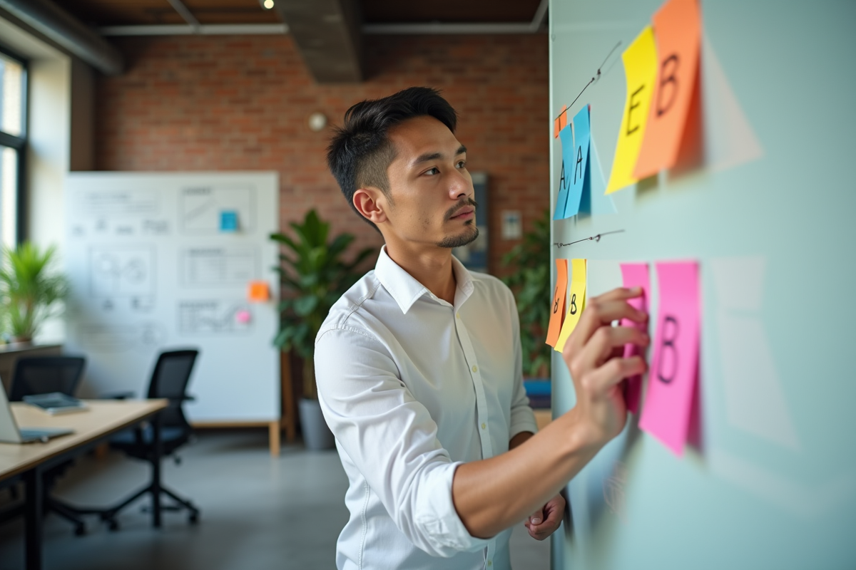 Jeune analyste marketing organise des notes colorées sur un tableau blanc