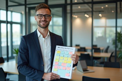 Jeune homme professionnel avec BMC dans un bureau moderne