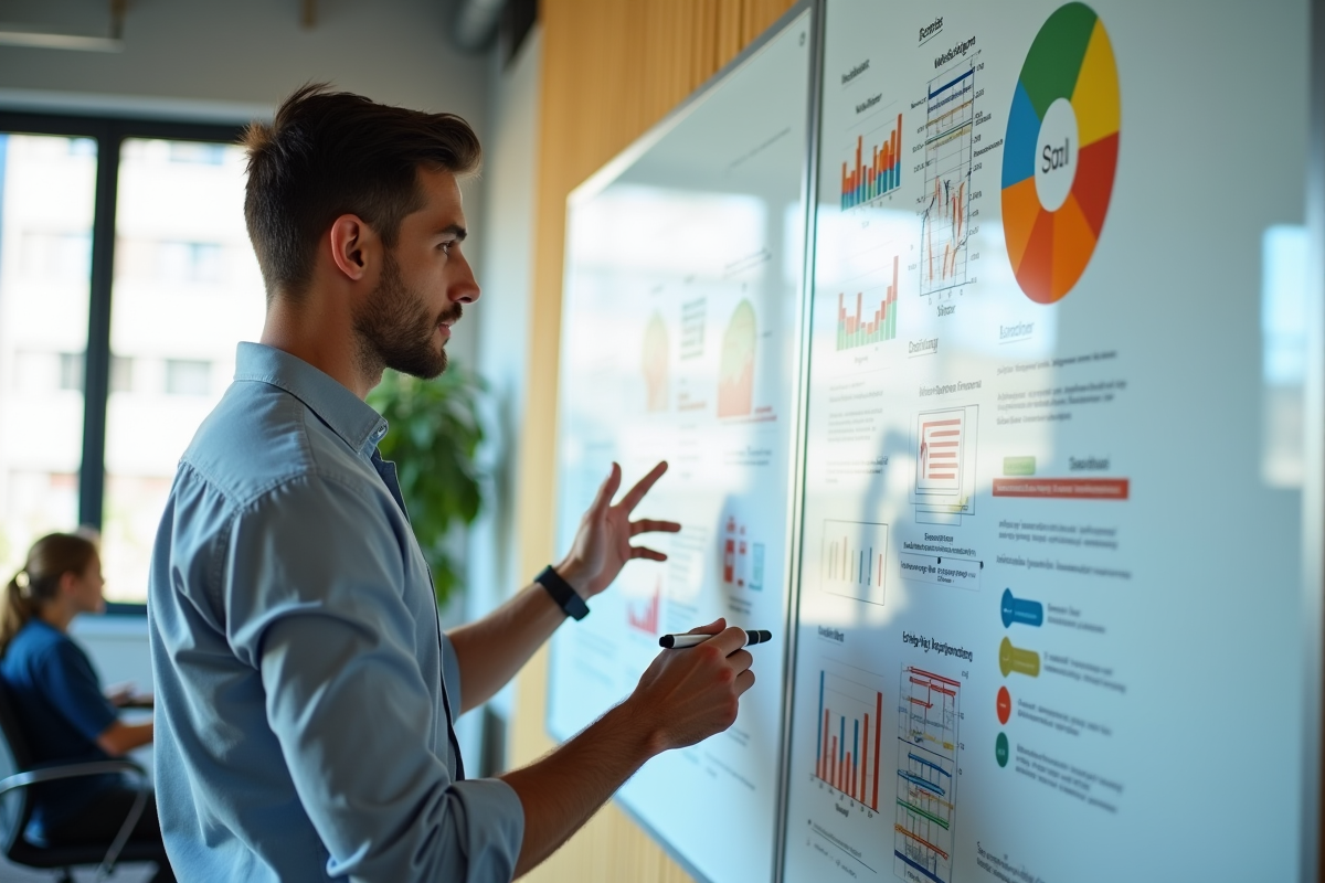 Jeune homme expliquant une strategie SEO devant un tableau blanc