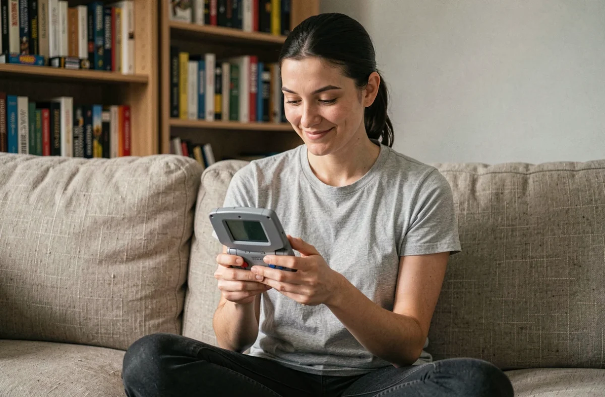 Femme jouant à Pokémon Émeraude sur une Game Boy Advance originale dans un salon cosy