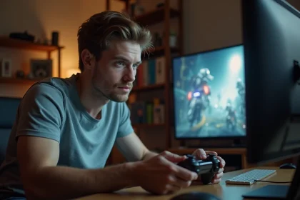 Jeune homme concentré jouant à un jeu vidéo dans un salon cosy