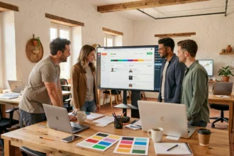 Équipe d'une agence Shopify en Provence-Alpes-Côte d'Azur travaillant sur des projets e-commerce dans un studio moderne