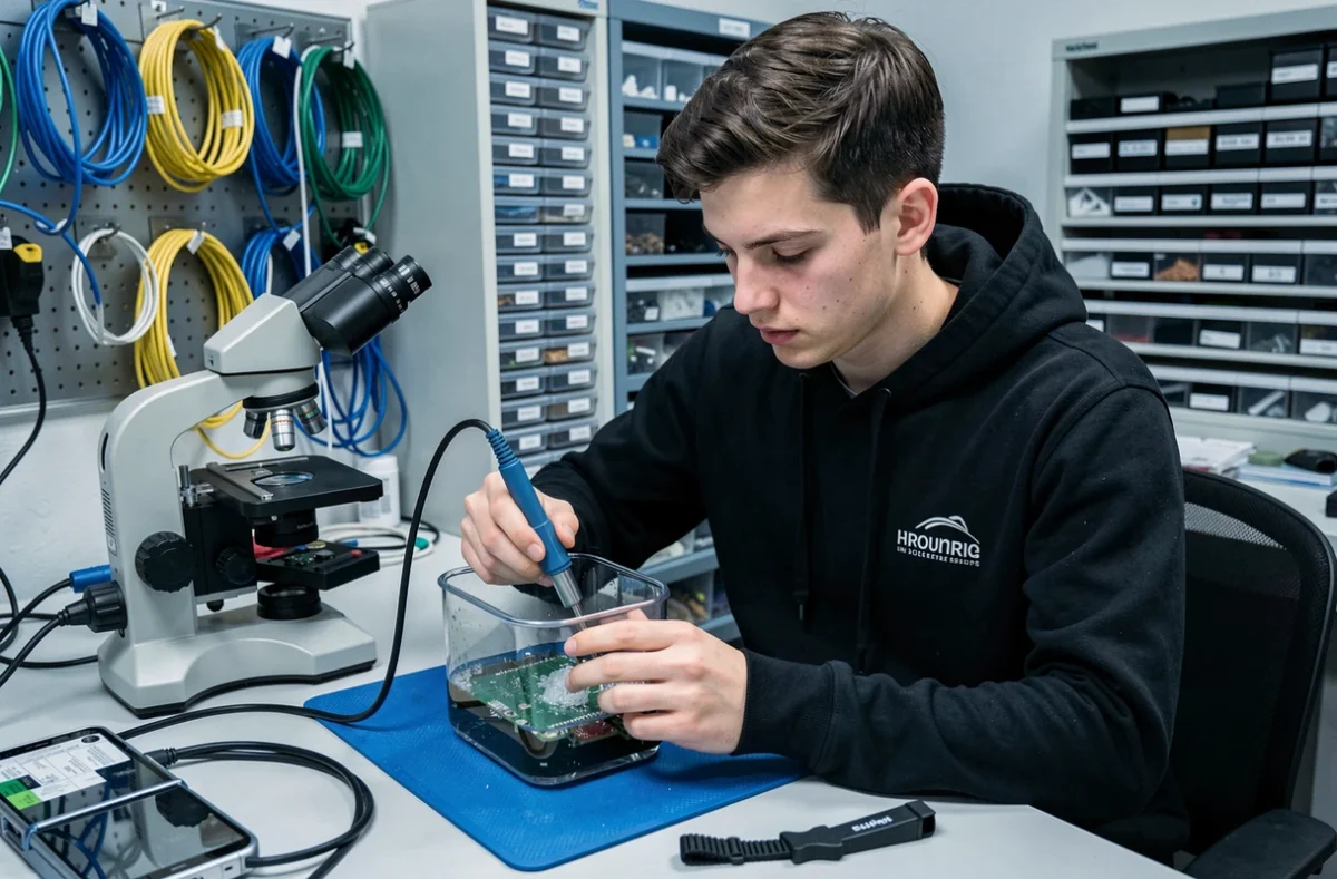 Technicien de Mgt Phone réparant une carte mère de smartphone endommagée à Clermont-Ferrand