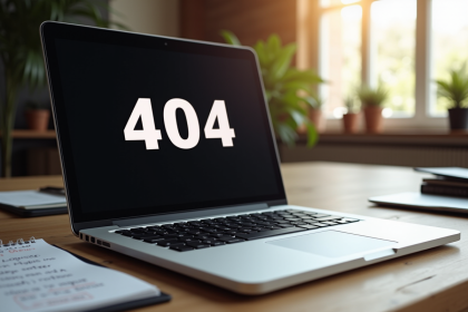 Ordinateur portable affichant une erreur 404 sur un bureau en bois