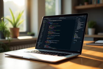 Ordinateur portable moderne avec code et formule mathématique