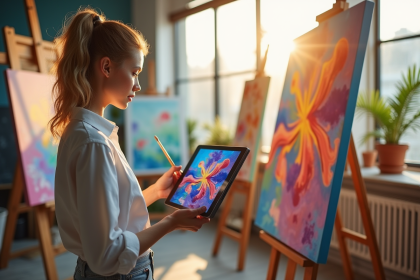Peintre dans un studio d'art moderne avec toiles colorées et art numérique