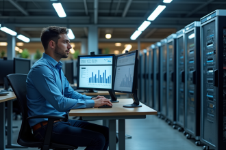 Jeune homme en chemise bleue travaillant sur un tableau de bord ecommerce