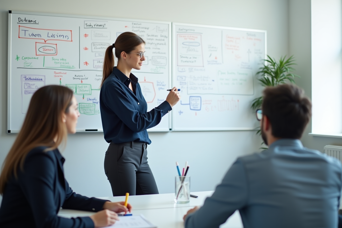 Ingenieure QA en discussion avec tableau blanc