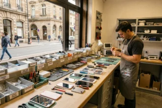 Intérieur d'une boutique de réparation de smartphones dans le Puy-de-Dôme avec des outils et des appareils en cours de réparation
